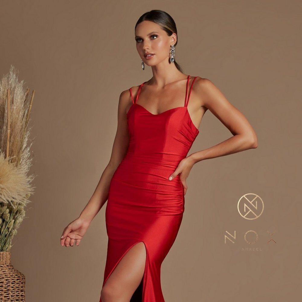 NEW RED LONG OFF THE SHOULDER SLEEVELESS SATIN SHEATH DRESS WITH ZIP NXT481